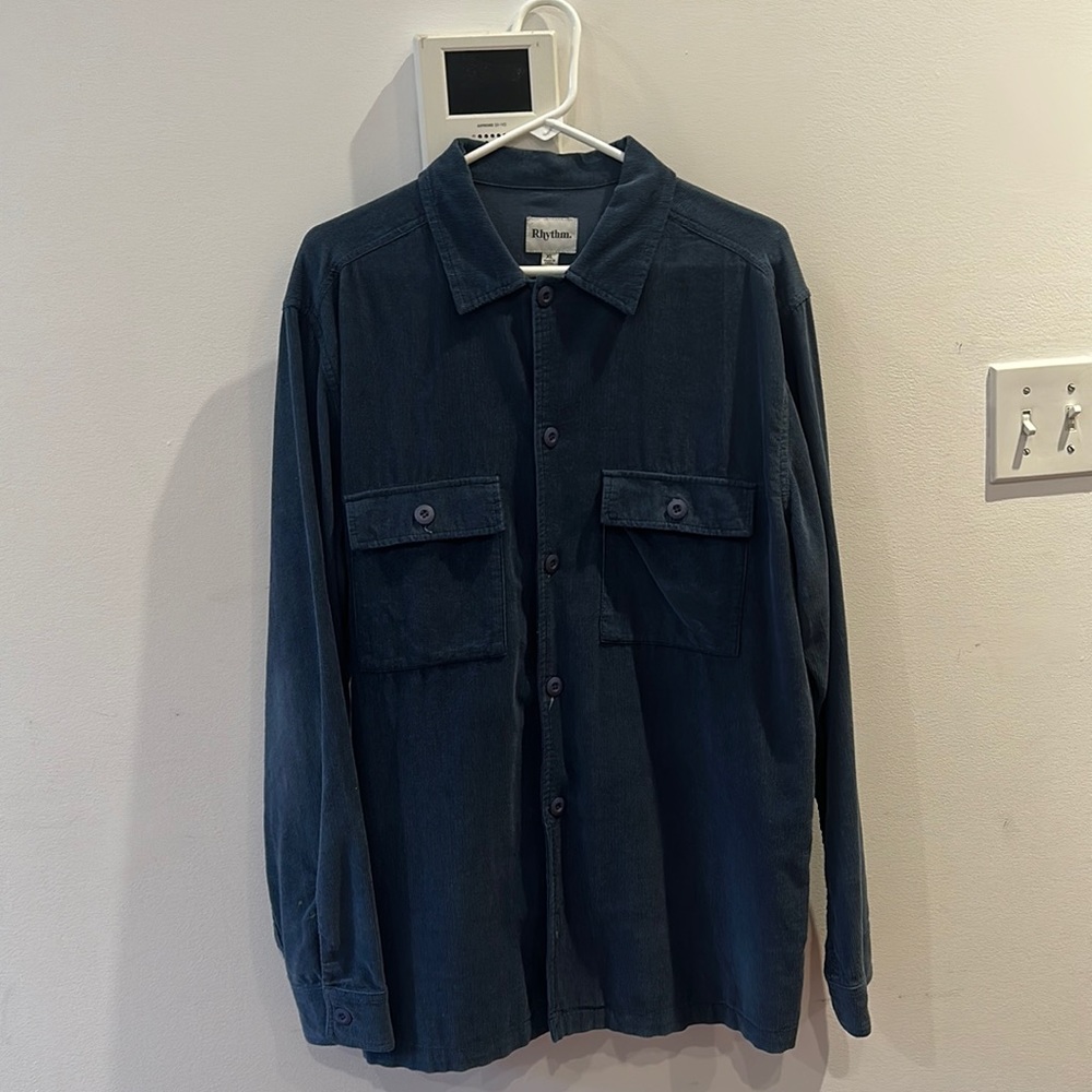 Rhythm. Corduroy Long Sleeve Button Down Shirt in Blue
